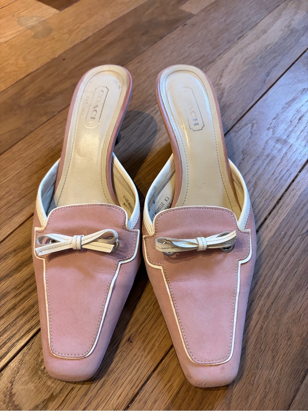 Coach Pink and White Suede Slip-On Mules with Bow Accent